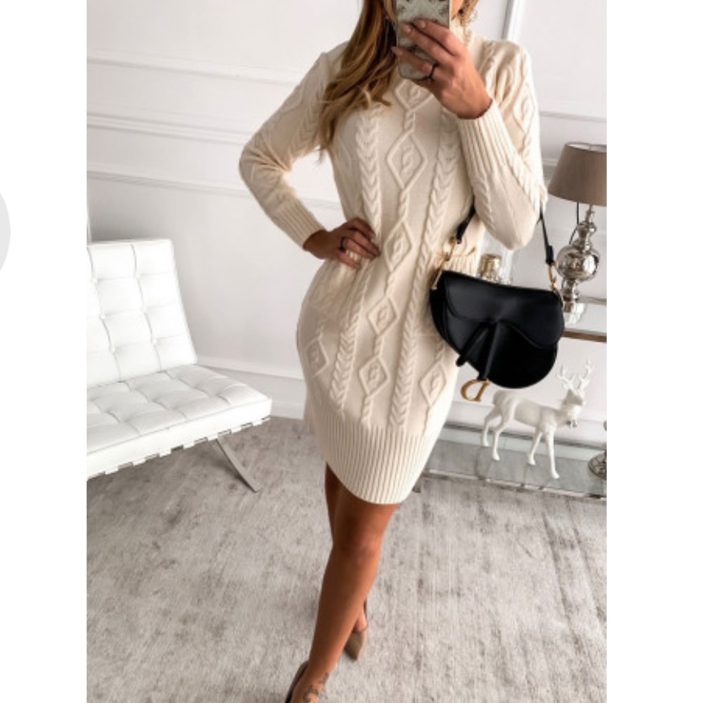 Beige High Neck Textured Bodycon Sweater Dress - Picture 3 of 14